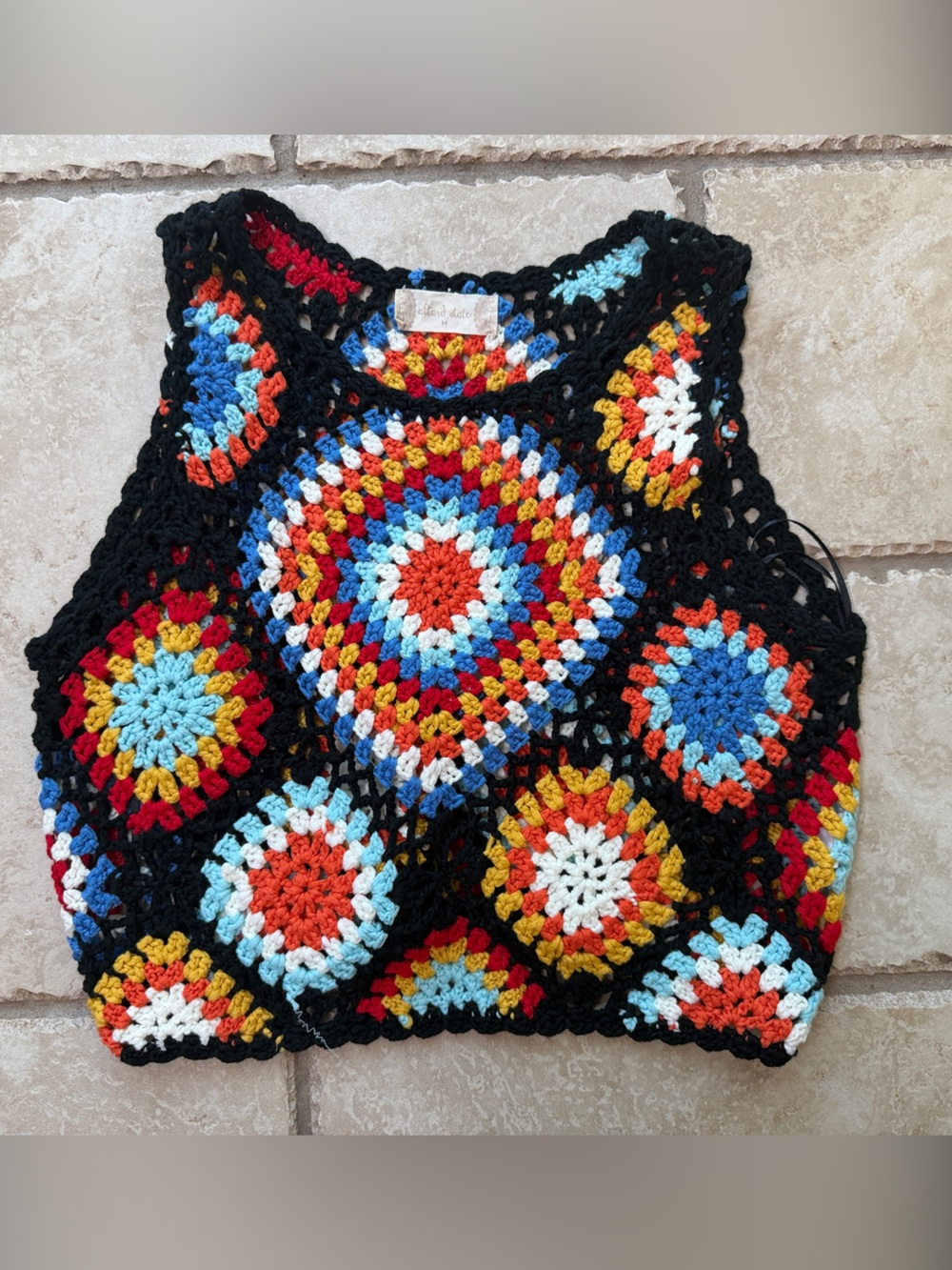 70s Boho Crochet Multicolor Square Top - Black Trim